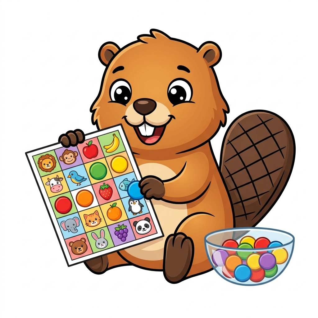 Castor marcando uma cartela de bingo educativo