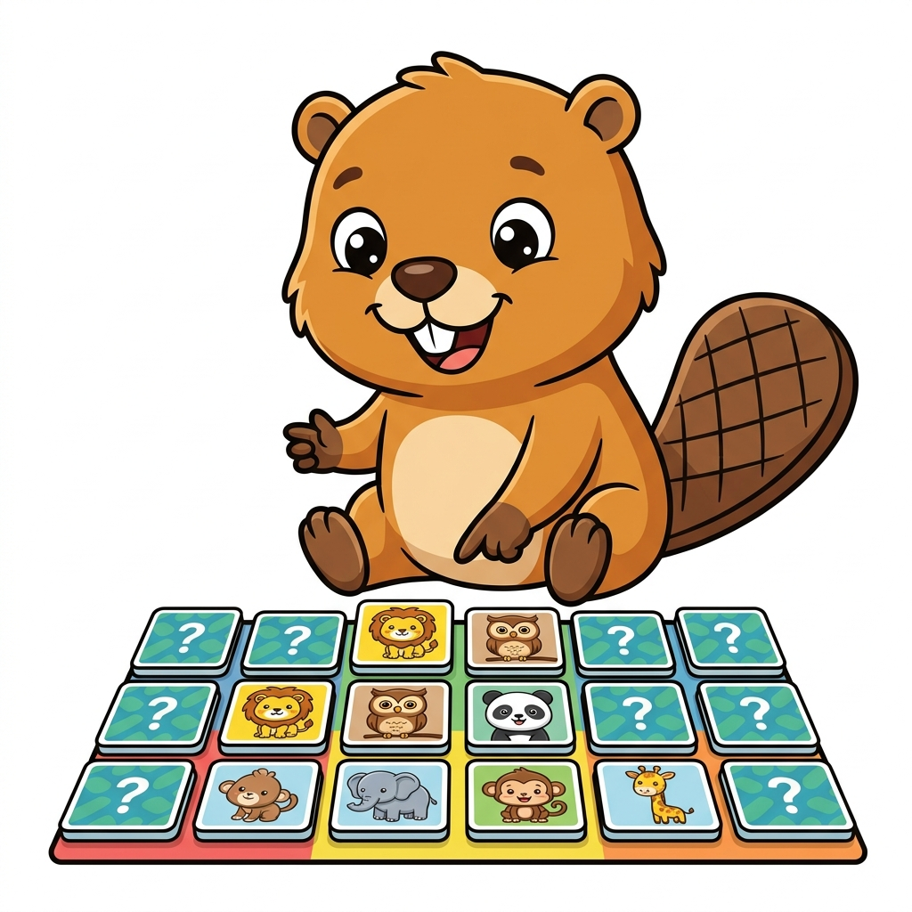 Castor brincando com pares de cartas de animais