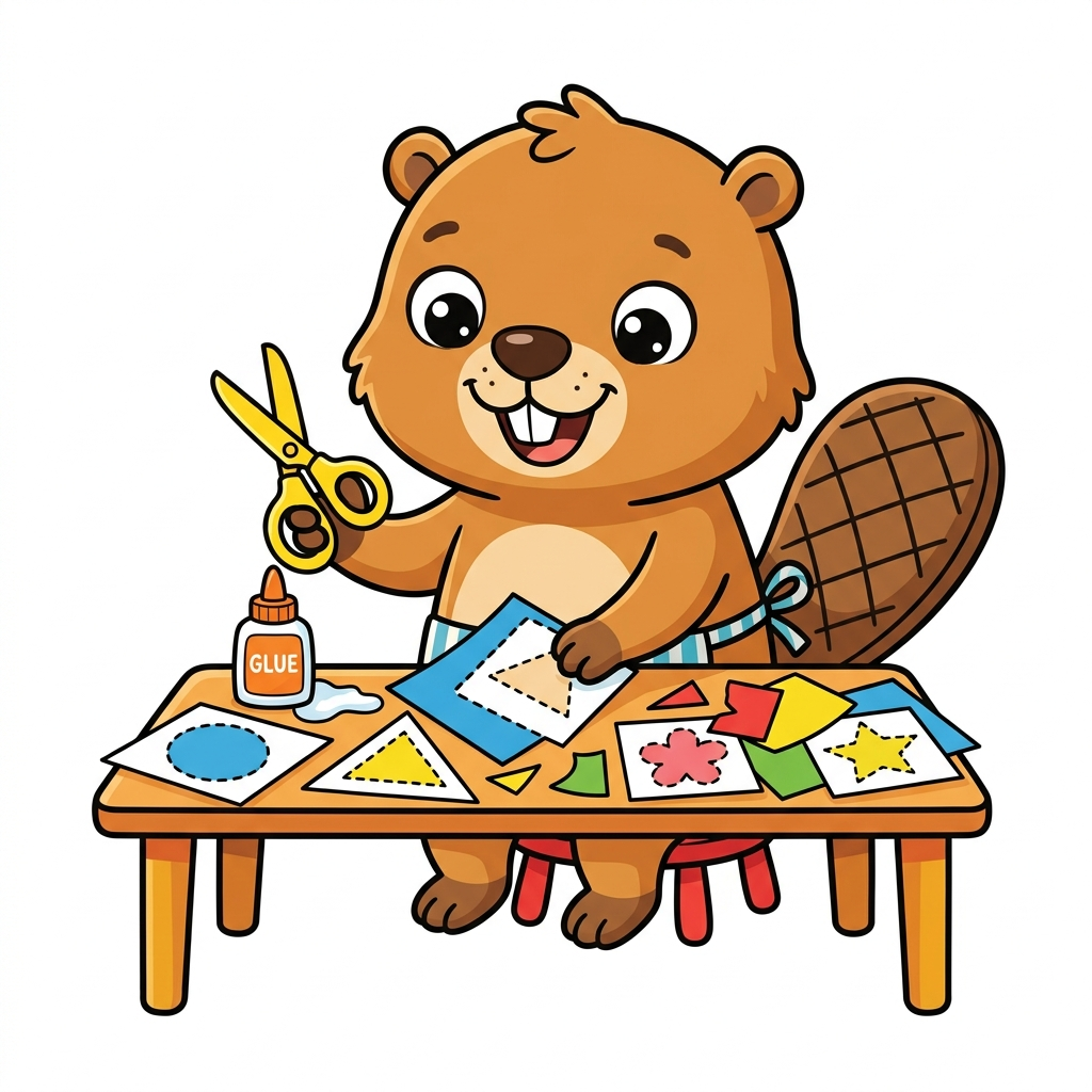 Castor realizando uma atividade infantil de recorte e montagem